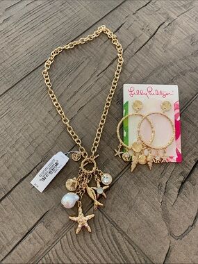 NWT—-Lilly Pulitzer Gold Sea Charm Necklace with Matching Hoop Earrings